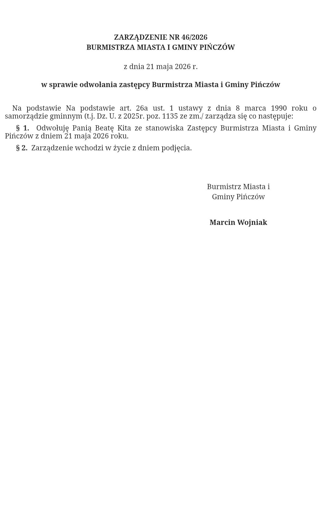„Zmiany” w Urzędzie Miejskim w Pińczowie. Beata Kita ponownie zastępcą burmistrza.